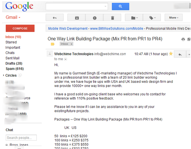 A real link-selling spam email offering 50 one-way links for 125 pounds or 200 dollars