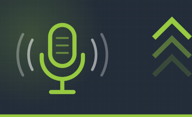 Green podcast microphone with sound waves on a dark 2theTop grid background